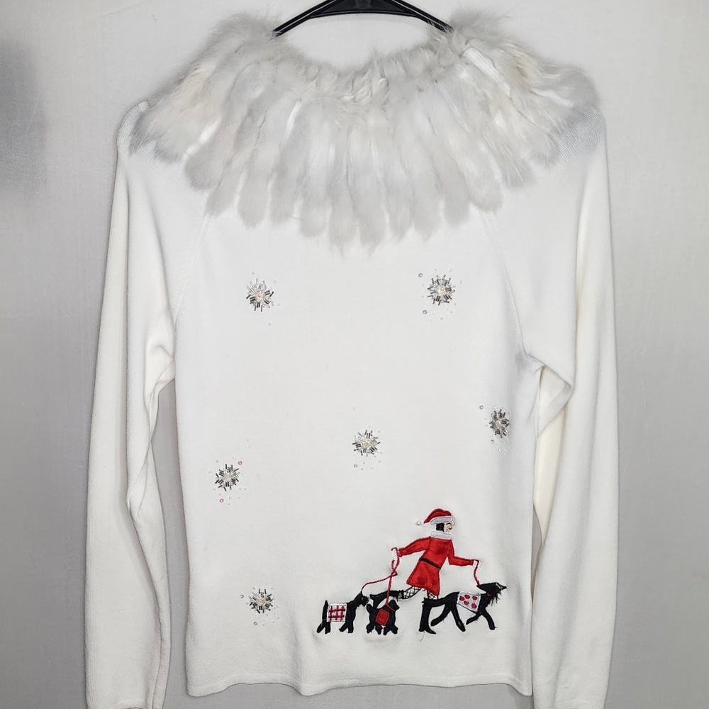 Vintage Fur Collar Holiday Sweater Snow White Size S Dog Walker Chic Luxury
